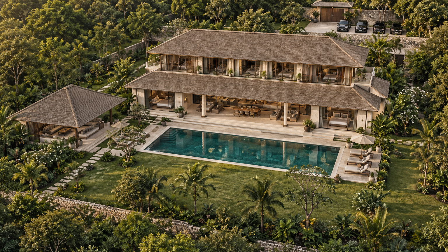 Aerial concept rendering of the two-storey estate and garden