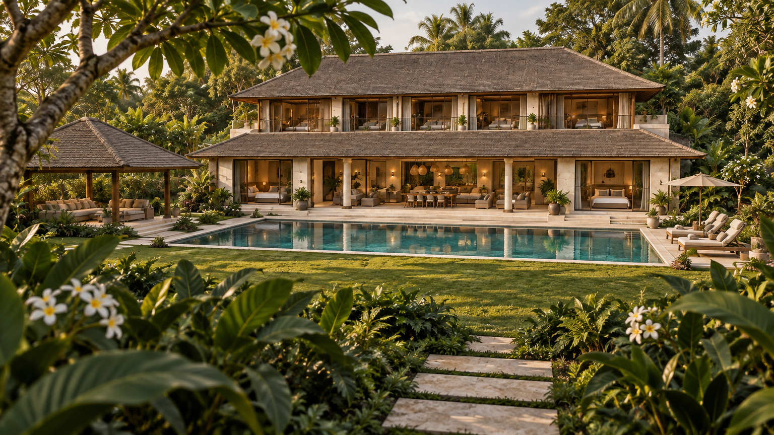 Concept visualisation of the limestone and teak villa beside its private garden pool