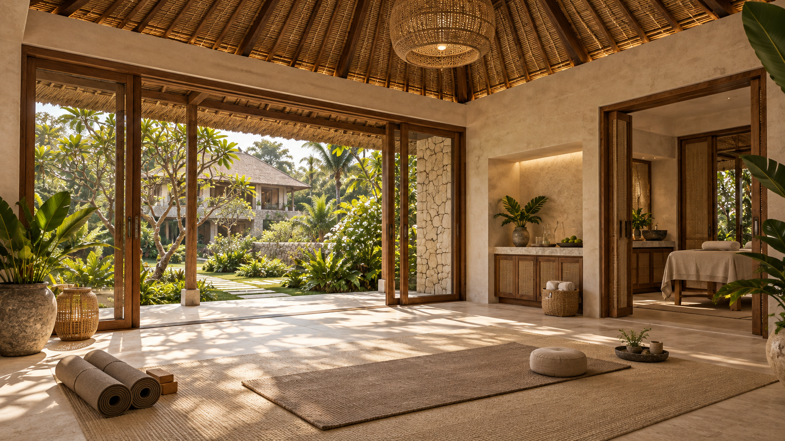 Concept interior of the teak-framed garden wellness pavilion